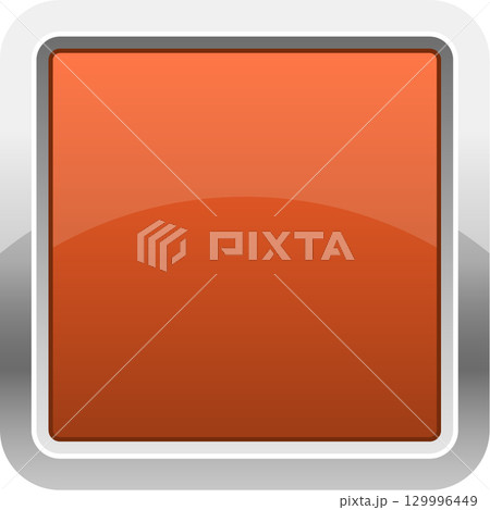 Orange square button with glossy finish, encased in a silver frame. Digital interface element. 129996449