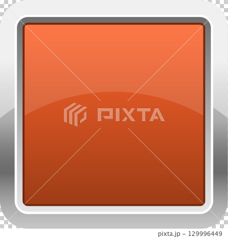 Orange square button with glossy finish, encased in a silver frame. Digital interface element. 129996449
