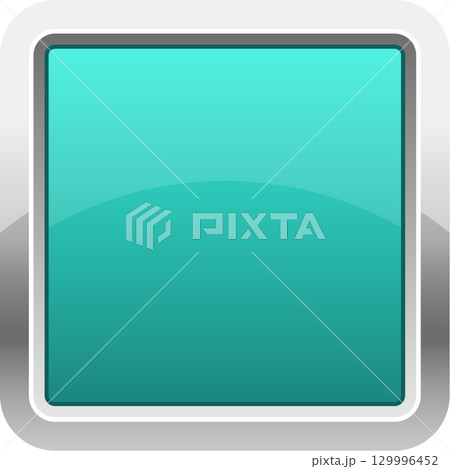 A square button is featured with a teal color, and a metallic border giving it a glossy look. 129996452