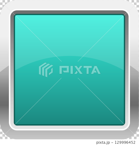 A square button is featured with a teal color, and a metallic border giving it a glossy look. 129996452