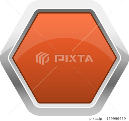 Metallic hexagonal button in orange and silver, suitable for web design and user interfaces. 129996459