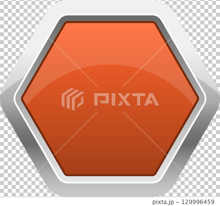 Metallic hexagonal button in orange and silver, suitable for web design and user interfaces. 129996459