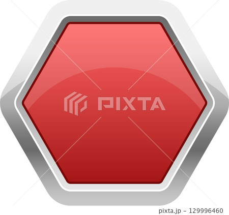 Sleek red hexagon design with a glossy finish and metallic border, suitable for web or graphic design. 129996460