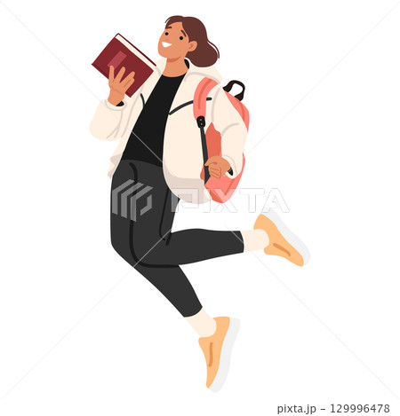 Pretty positive teenage girl cartoon character smiling jumping in air rejoicing start of education 129996478