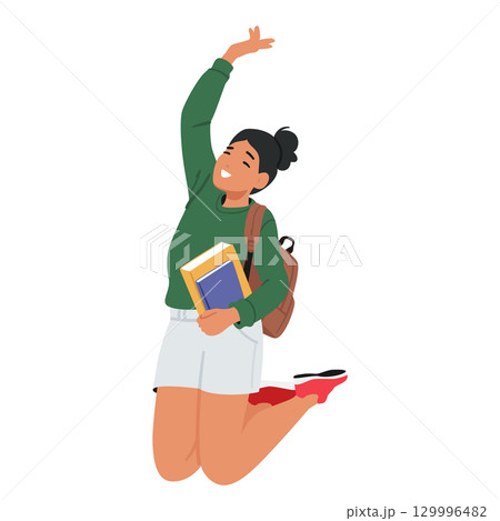 Motivated inspired girl student cartoon teenager character with education supplies jumping in air 129996482