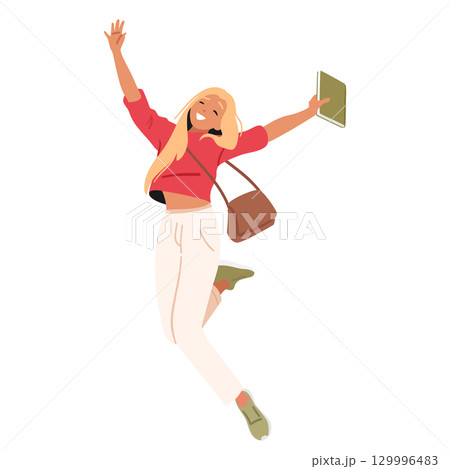Happy teen student girl cartoon character with textbook jumping in air feeling carefree and freedom 129996483