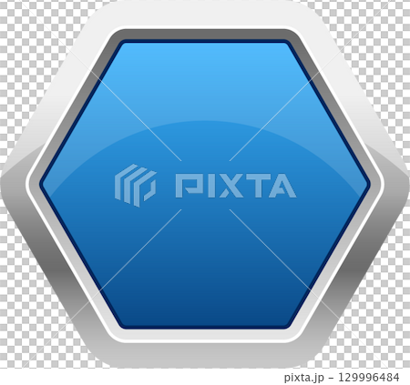Glossy blue hexagon with a silver border and slight shadow on a black background. Elegant geometry. Glossy blue hexagon with a silver border and slight shadow on a black background. Elegant geometry. 129996484