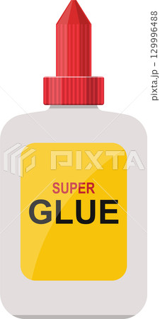 Illustration of a bottle of adhesive with a red applicator and yellow label on a black background. Illustration of a bottle of adhesive with a red applicator and yellow label on a black background. 129996488