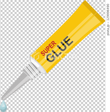 Tube of super glue adhesive dispensing a drop. Repair material for crafts or household fixing. 129996490