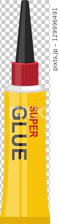 A yellow tube of adhesive with black cap and a red nozzle with the word "glue" written. A yellow tube of adhesive with black cap and a red nozzle with the word "glue" written. 129996491