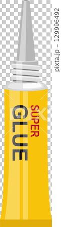 Illustration of a squeeze tube of adhesive, gray nozzle, and yellow body with bold lettering. 129996492