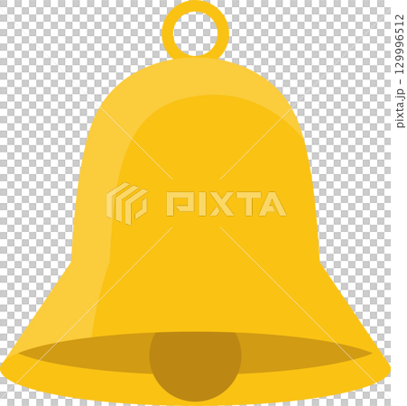 A golden bell with a ring on top and a spherical clapper, designed to be rung to produce sound. 129996512