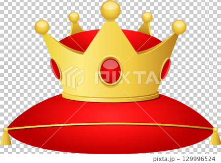 Ornate golden crown with red jewels resting on a luxurious red pillow with golden tassels. 129996524