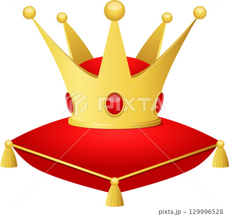 Golden crown with red jewels, resting on a vibrant red pillow with gold tassels, simple elegance. Golden crown with red jewels, resting on a vibrant red pillow with gold tassels, simple elegance. 129996528