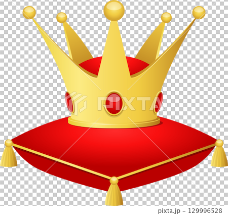 Golden crown with red jewels, resting on a vibrant red pillow with gold tassels, simple elegance. Golden crown with red jewels, resting on a vibrant red pillow with gold tassels, simple elegance. 129996528