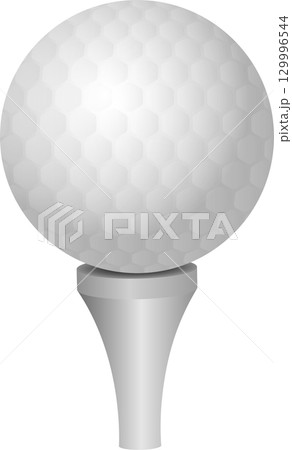 A white dimpled sphere sits on a tee, ready for the next golf game in the sunny outdoors. 129996544