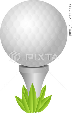 A white textured sphere rests on a gray tee with green foliage at the base of the tee. 129996545