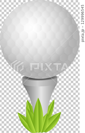 A white textured sphere rests on a gray tee with green foliage at the base of the tee. 129996545