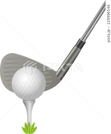 Golf ball on tee ready to be hit with iron for tee off in preparation for a swing. 129996548