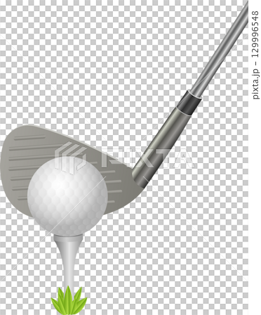 Golf ball on tee ready to be hit with iron for tee off in preparation for a swing. 129996548