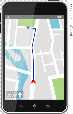 Smartphone displaying a map application with a route highlighted, indicating navigation assistance. Smartphone displaying a map application with a route highlighted, indicating navigation assistance. 129996553