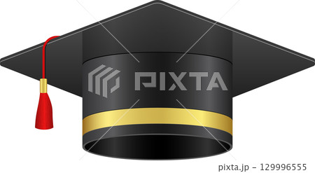 Graduation cap with a gold stripe and red tassel, symbolizing academic achievement and success. 129996555