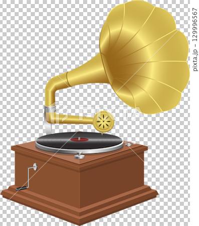 Vintage horn gramophone on wood base with crank, gold colored horn, classic record player 129996567