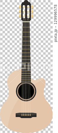 Illustration of an acoustic guitar with a light wood finish and black headstock and strings. 129996578