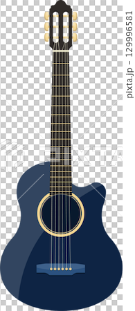 Acoustic guitar on a black background. The guitar is blue with an inner circle and strings. 129996581