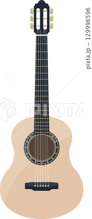 Acoustic instrument with strings, and dark fretboard. The body is tan, against black background. Acoustic instrument with strings, and dark fretboard. The body is tan, against black background. 129996596