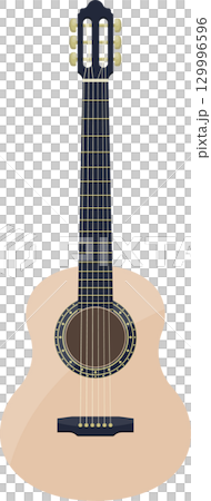 Acoustic instrument with strings, and dark fretboard. The body is tan, against black background. Acoustic instrument with strings, and dark fretboard. The body is tan, against black background. 129996596