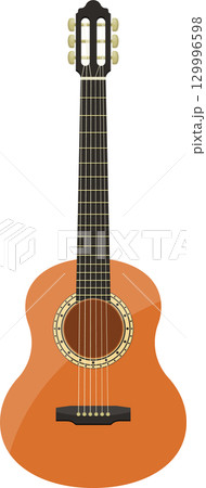 An illustration of a classical guitar with a light orange body and a dark neck and headstock. 129996598