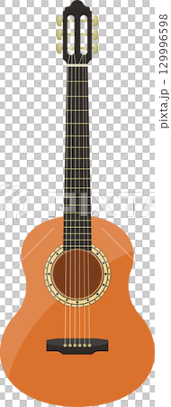 An illustration of a classical guitar with a light orange body and a dark neck and headstock. 129996598