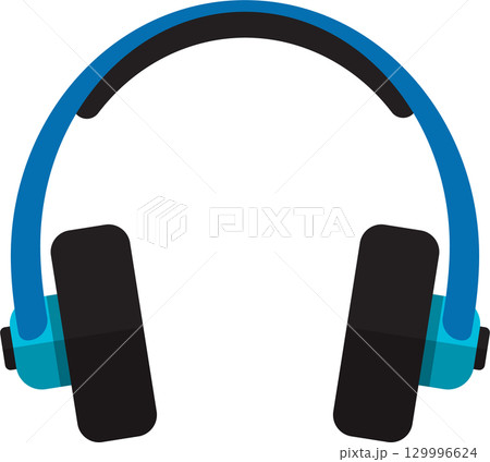 Illustration of blue and black over-ear headphones, isolated against a black background. 129996624