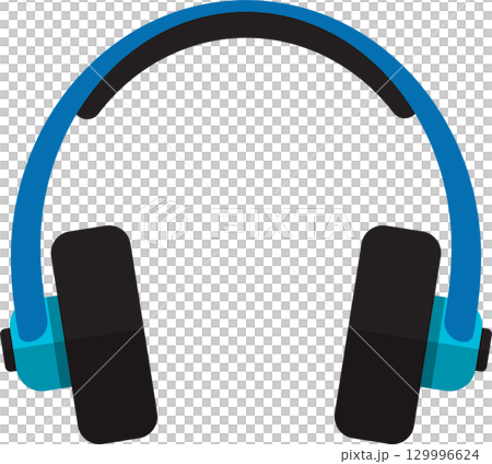 Illustration of blue and black over-ear headphones, isolated against a black background. 129996624