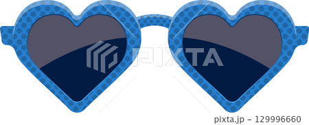Heart-shaped eyewear with a blue, polka-dotted frame and dark lenses that reflect light attractively. 129996660