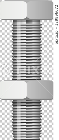 Detailed full shot shows a gray fastener with parallel threads and two hexagonal nuts. Detailed full shot shows a gray fastener with parallel threads and two hexagonal nuts. 129996672