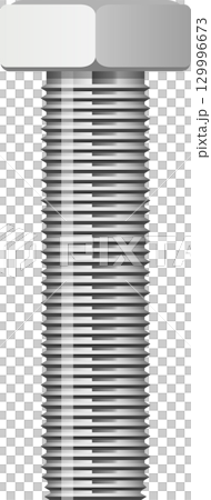 A shiny metal bolt with a hexagonal head and threaded shaft stands tall against black backdrop. 129996673
