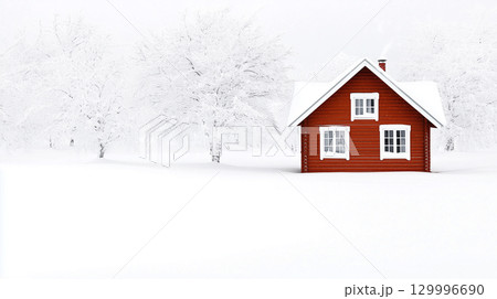 Snow-covered landscape with red house in winter wonderland. Colorful winter holidays scene 129996690