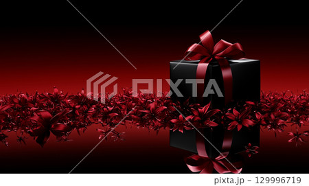 Elegant black and red banner with gift box and luxury mirror reflective surface Elegant black and red banner with gift box and luxury mirror reflective surface 129996719