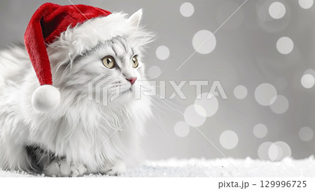Adorable white long-haired cat wearing a red Santa hat, set against a softly blurred white background that features ample empty space for text 129996725