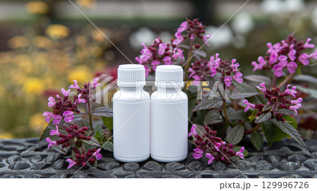 Two small white bottles mockup on a stone ledge next to a bush of pink flowers Two small white bottles mockup on a stone ledge next to a bush of pink flowers 129996726