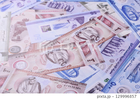 UAE money, dirham, paper banknotes, cash. Emirates money UAE money, dirham, paper banknotes, cash. Emirates money 129996857