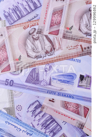 UAE money, dirham, paper banknotes, cash. Emirates money 129996862