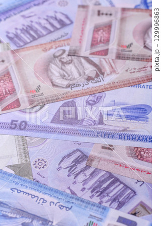 UAE money, dirham, paper banknotes, cash. Emirates money 129996863