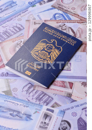 OAE passport for travelling, flying and doing business. Arabic document, id 129996867