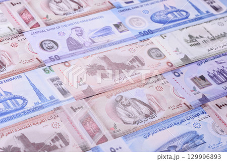 UAE money, dirham, paper banknotes, cash. Emirates money 129996893