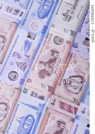 UAE money, dirham, paper banknotes, cash. Emirates money 129996895