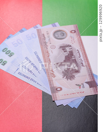 UAE money, dirham, paper banknotes, cash. Emirates money 129996920