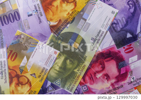 Swiss money, franc, paper banknotes, cash. Switzerland money 129997030